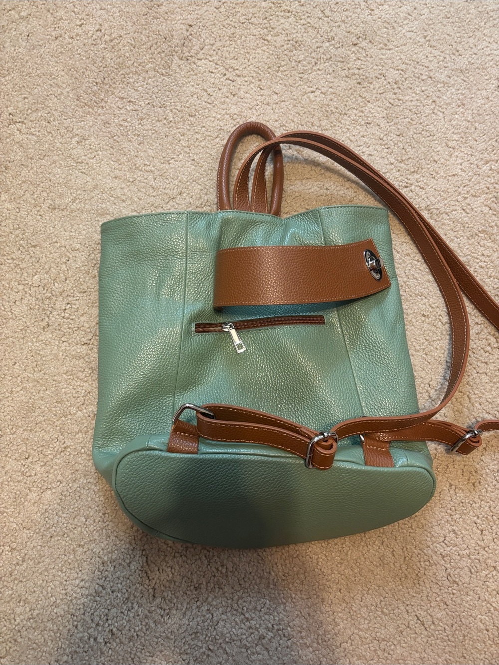 Two Toned Leather Backpack with Wrap Closure - Picture 4 of 7